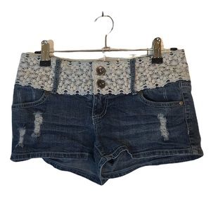 ☀️ Like New! Blue Spice Distressed Jean Shorts w/ Lace Accent